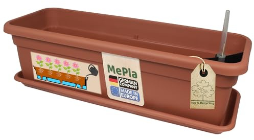 MePla – XXL balkonglåda med bevattning längd 80 cm + underlägg 77 cm – terrakotta, blomkruka – växtlåda av väderbeständig UV-resistent plast