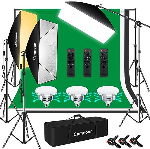Softbox Lighting Kit, Camnoon Photography Kit mit 3 Softbox, 3 85W 2800K-5700K Bi-Color Temperature LED Light, 3 Backdrops, Boom Arm, Stand, Carry Bag, for Studio/Produktfotografie/Live Streaming