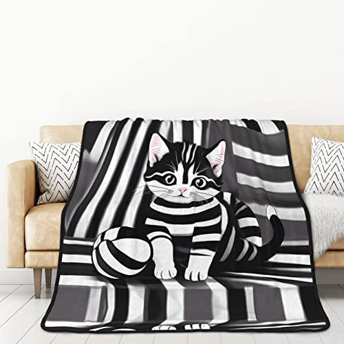 TORONG Doppelseitige, schwarze und weiße gestreifte Kätzchen-Überwurfdecke für Couch, Auto, Bett, Nickerchen, warme und bequeme Decke, 152,4 x 203,2 cm