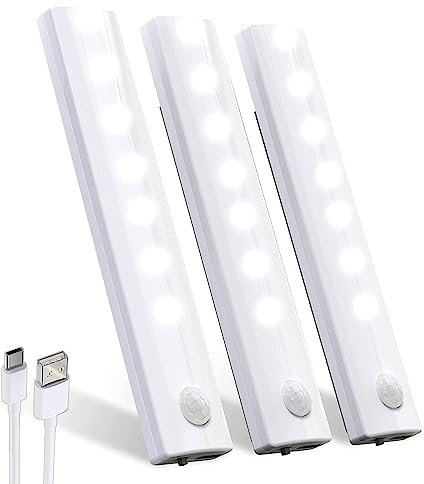 3 Pcs Under Cupboard Kitchen Lights, Motion Sensor Under Cabinet Lights Wireless Wardrobe Light Indoor Rechargeable Battery Operated Magnetic Auto On/Off LED Night Light for Closet Shelf Stair Counter