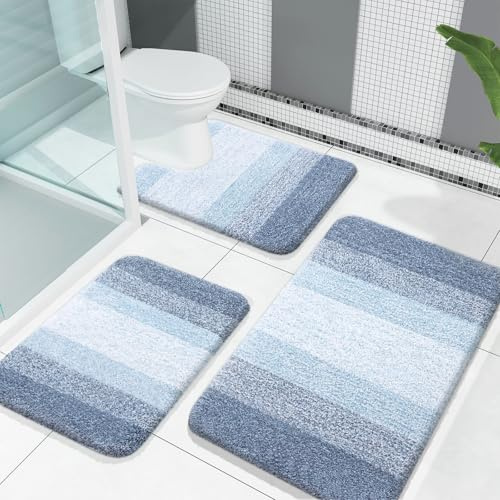 OLANLY Badezimmerteppich-Set, weich, saugfähig, Mikrofaser, U-förmiger WC-Vorleger, zotteliges Plüsch-Badematten-Set für Badezimmer (76,2 x 50,8 cm + 61 x 40,6 cm + 61 x 50,8 cm, blau), 3-teilig