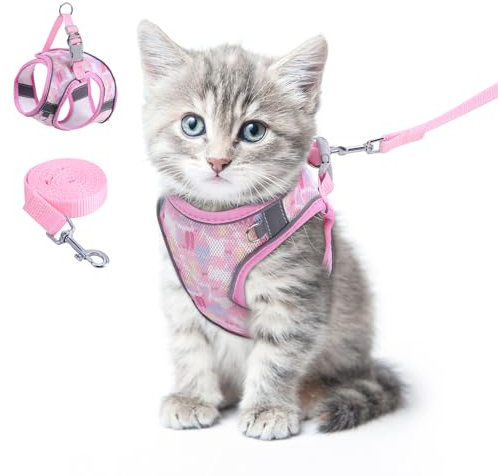 Brifit Katzengeschirr, Katzen Geschirrset Ausbruchsicher mit Reflektierenden Streifen, Verstellbar Cat Harness mit Leine 150cm, Katzen Geschirr für Kleine Kitten Hunde [Rosa XXS] für 2-3kg Pet