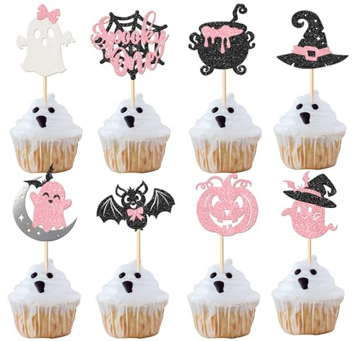 Rsstarxi 24 Pack Halloween Spooky One Cupcake Toppers Glitter Pumpkin Bat Spider Ghost Pink Girl First Birthday Cupcake Picks Decoration for Halloween Baby Shower 1st Birthday Party Cake Decorations