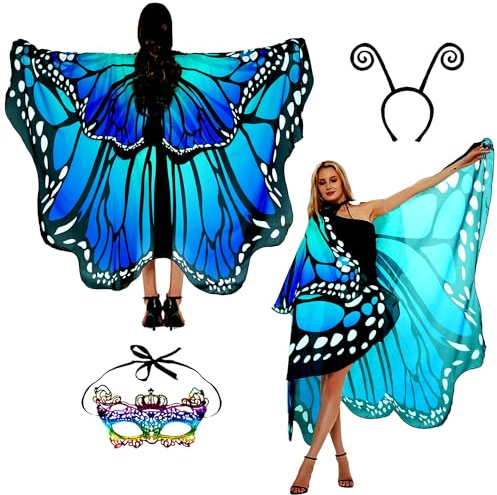 Schmetterling Kostüm Damen Flügel Schmetterlingsflügel Erwachsene Zweistufiges Faschingskostüme Damen Umhang Verkleidung Schmetterlings Kostüm Zubehör 3Set Gesichtsmaske Fühler Schmetterling Haarreif