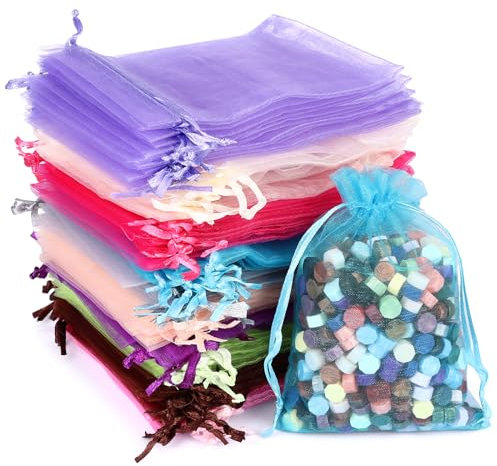 Draupnir 100 Stück Organzasäckchen, Organzabeutel Schmuckbeutel Geschenkbeutel Säckchen Zum Befüllen Organza Säckchen Bunt mit Schnur für Hochzeit Party Schmucksäckchen Geschenk（10 x 15 cm）