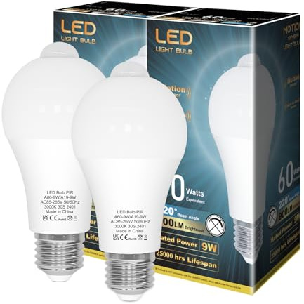 LUTW Rörelsesensor Lampglödlampa, E27 Skruvglödlampa Ekvivalent 60w Glödlampa, Varmvit 3000K, 9W 900LM, Automatisk På/Av Inomhus Utomhus Säkerhet LED Glödlampa för Garage, Trappor, 2 Förpackning
