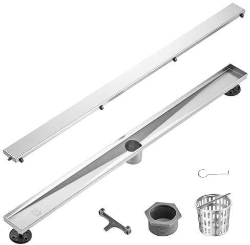 VEVOR 914mm Linear Shower Drain Offset with Tile Insert Cover,Brushed 304 Stainless Steel Rectangle Shower Floor Drain,Linear Drain with Leveling Feet,Hair Strainer Silver