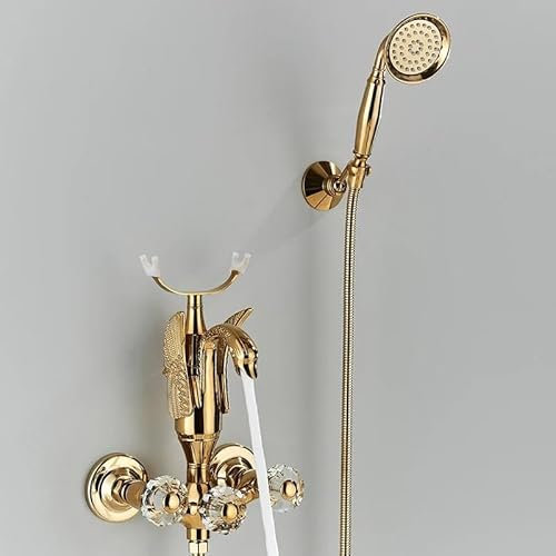 Gold Swan Bathtub Faucet, Crystal Handle Bath Sets with Hand Shower,Hot Cold Mixer Tap for Bathroom Wall Mounted