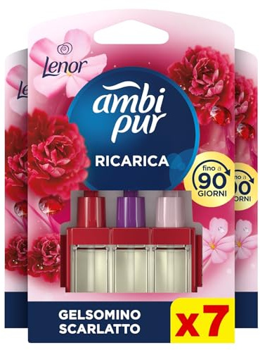 Ambi Pur 3Volution Ricarica Profumatore Elettrico, 7 Pezzi, Lenor Gelsomino | Tecnologia elimina odori, fragranza Gelsomino Scarlatto, fino a 90 giorni