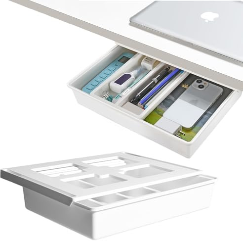 Cajón bajo oficina, autoadhesivo, almacenamiento extraíble bajo la mesa con riel deslizante liso, cajón oculto para oficina, escondites, hogar, escuela, blanco, talla L