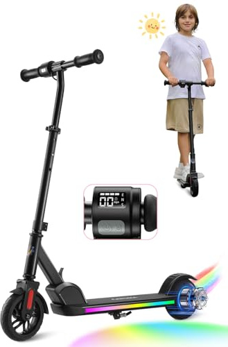 Caroma E Scooter Kinder von 8-12 Jahren,bis zu 16 km/h & 8 km,Elektroroller Kinder mit Bunte Leuchten, LED-Anzeige,Einstellbare Geschwindigkeit und Höhe,Leichter Faltbarer Elektroscooter,Schwarz