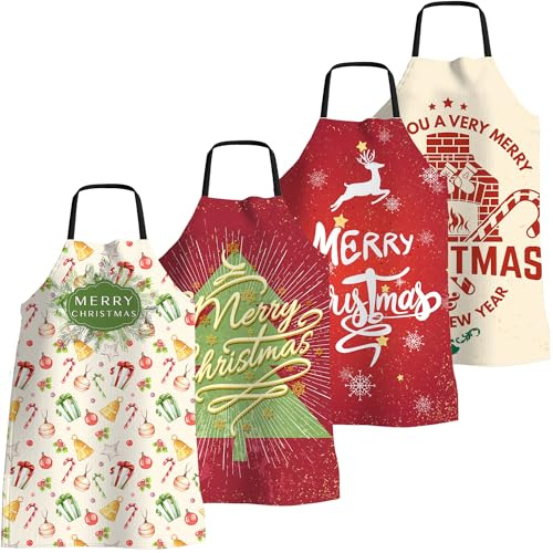 4 Pezzi Grembiuli Natalizi Divertenti per Uomo Donna, Idee Regalo di Natale | Grembiule da Cucina Regolabile con Lacci Lunghi, Impermeabile e Natalizio, per Cuoco, Barbecue, Feste di Natale e Festività