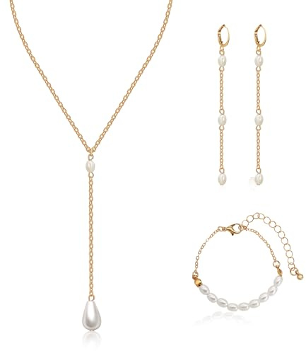 AILUOR Perlen schmuck Set für Frauen, 14K Gold plattiert Perlenkette und Ohrring Set zierliche Perle Tropfen Halskette baumeln Ohrringe Armband Hochzeit Schmuck für Braut