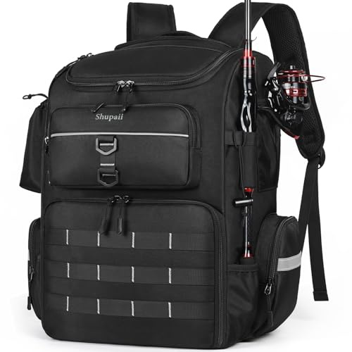 Shupaii Large Fishing Backpack, Waterproof fishing bag with Rod Holders, 45L Tackle Box Backpack, Fishing Gear Gifts for Men, Tackle Boxes No Including