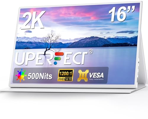 UPERFECT Monitor Portátil 2K 16 Pulgadas, Pantalla QHD 2560x1600 1200:1 500 Nits 16:10, HDMI Estándar & 2 Puertos USB-C, Screen Mate IPS Eye Care, Borde Estrecho con Marco de Metal, VESA & Smart Cover
