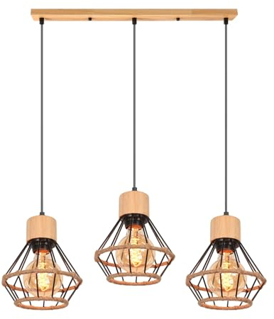 3 Luces Lampara Colgante E27 Vintage Industrial Lámpara de Techo Colgante Negro Metal con Cuerda de Cáñamo Retro Iluminación Para Cocina Comedor Sala de estar (Modelo B,barra,madera)