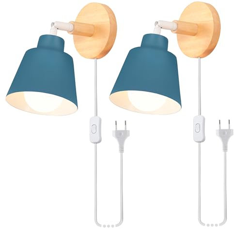 iDEGU 2 Pezzi Applique da Parete Interno Retrò Lampade da Parete in Metallo e Legno Moderne Lampada a Muro Orientabile con Interruttore e Spina E27 Luce da Camera da Letto Soggiorno (Blu Oxford)