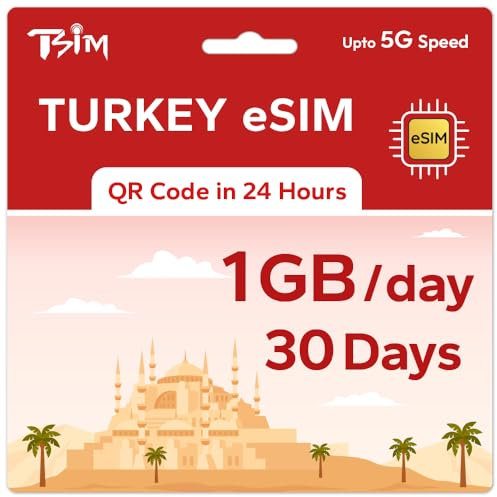 TSIM Prepaid Türkei eSIM für Reisen | 30 Tage 1 GB/Tag 5G Geschwindigkeit | Hotspot erlaubt | eSIM QR-Code per E-Mail innerhalb von 24 Stunden nach Versand gesendet | QR-Code scannen und sofort