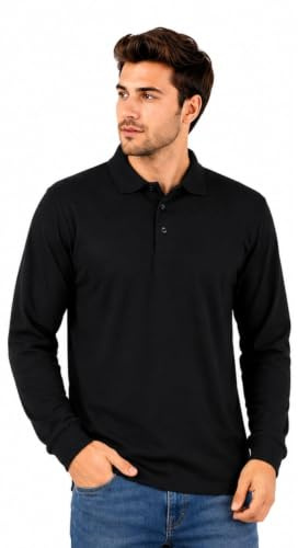 Men's Long Sleeve Polo Shirt Pique Cotton Blend, Regular Fit Collared | True Face plain casual golf & work top, breathable soft feel, smart-casual, black navy grey, machine washable