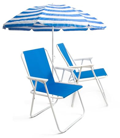THE SECRET HOME - Pack de Sombrilla y Dos Sillas de Playa Plegables de Aluminio con Revestimiento de Tela - Resistente y Ajustable - Ideal para Playa, Piscina, Jardín y Camping