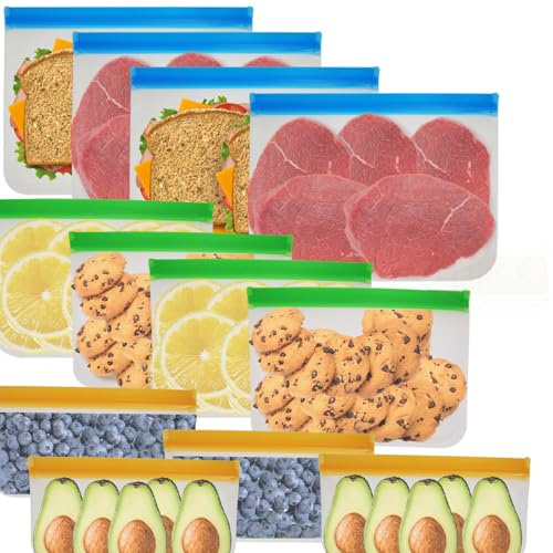 MEgegulo 12 Pack Reusable Freezer Bags, BPA Free Food Bags Zip Seal For Keeping Lunch, Travel, Home Organization，Snacks, Meat,Grains Fresh Clear Silicone Leakproof Food Storage Bags - 3 Sizes