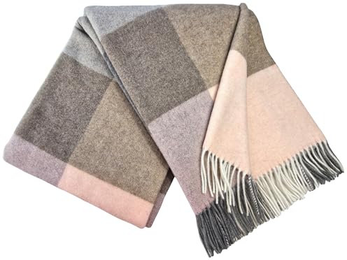 STTS International Coperta in cashmere 100% lana merino – Cashmere – Mix 140 x 200 cm molto morbida plaid plaid (grigio-marrone-rosa (quadrati)
