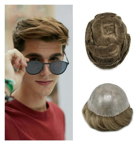 Perücke Männer Herren-Toupet, Echthaar, 0,1–0,12 Mm, Transparente Eingespritzte PU-Haut, Männliches Toupet, Haarteil, Natürlicher Haaransatz, Mittelblond, Männer-Haarersatzsystem(6x9)