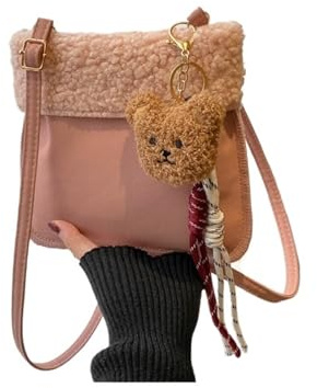 Fluffig tygväska lammpäls fluffig väska för kvinnor stil lurvig liten crossbody telefon, Peachpuff, En Storlek