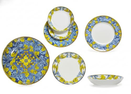 Servizio Piatti 18 Pezzi in Porcellana Decorata – Stile Classico Barocco Floreale Blu e Giallo – Piatto Piano Fondo Frutta – Servizio Tavola Elegante per 6 Persone