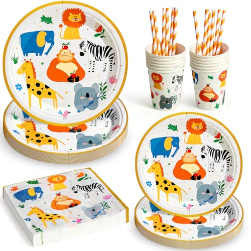 Vajilla Completa Animales de Safari para Cumpleaños Infantil, Elegante Platos Vasos Servilletas Pajitas Decoración Fiesta de Selva Niñas Niños, 12 Personas