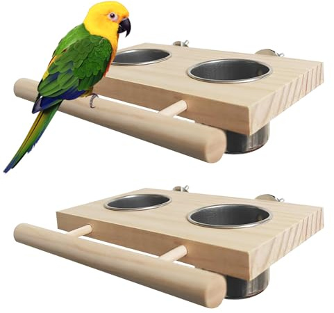 2 Stück Vogelkäfig Zubehör, Vogelfutter Edelstahl Tassen Holz Sitzstange Wellensittich Zubehör Wassernapf Futterschale Vögel für Sittiche Sittiche Wellensittiche Papagei