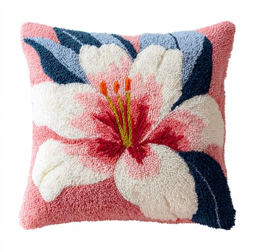 Henypt Latch Hook Cushion Kits, Pink Lilies Latch Hook Pillow Case Kits Embroidery Kit, DIY Sofa Cushion Making Kit,43x43cm