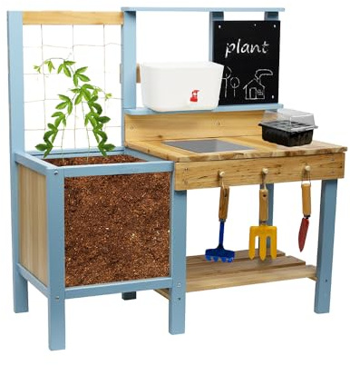 Beipoo Kids Potting Bench, Wood Outdoor Kitchen with Planter Box, Wooden Toy Gardening Center with Sink & Faucet, Blackboard, Garden Accessories, Storage Shelf