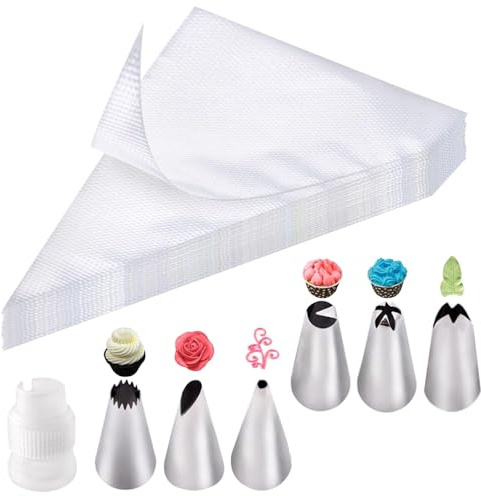 KNUIUYY 100 Pièces Poche a Douille Patisserie - Comprenant 6 Douilles en INOX / 1 Adaptateur/Poches à Pâtisserie Jetables, Kit Patisserie Accessoire, pour Glaçage et Décoration de Gâteau Sucre Fonda