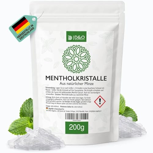 D&O Nature Products Mentholkristalle Sauna 200g Beutel, Saunakristalle aus 100% reiner Minze, Menthol Kristalle als Saunaaufguss in wiederverschließbarem Beutel, Sauna Zubehör Geschenk