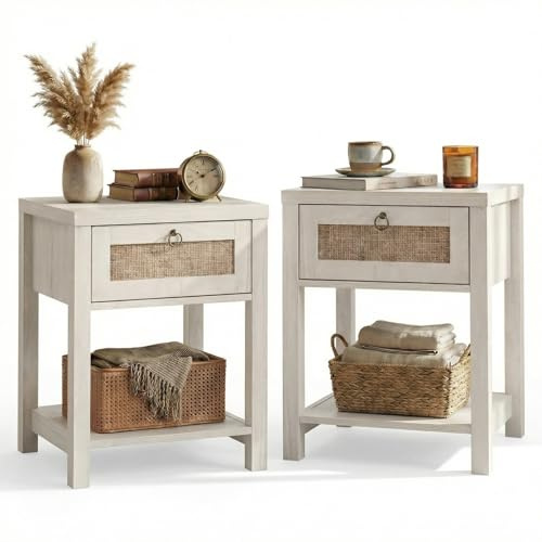 VOWNER Rattan Nachttisch Set 2er, Landhausstil Beistelltisch mit Schublade und Ablage, Böhmischer Sideboard für Schlafzimmer, Wohnzimmer, Flur, Gästebuchregal, 45 x 39 x 59cm (Eiche hell)