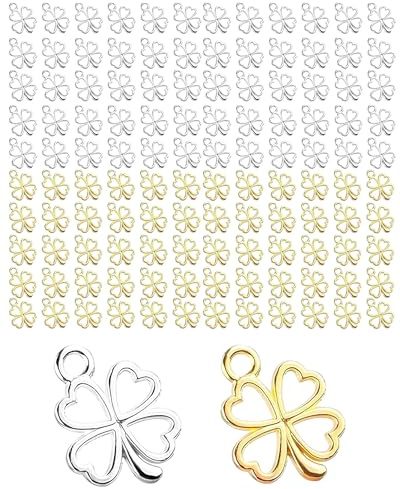 Fonyiunce 120 Stück Vierblättriges Kleeblatt Anhänger, Kleine Glücksbringer, Glücksbringer Metall Kettenanhänger, Bring viel Glück, für Halskette, Ohrringe, Armband Zubehör Deko