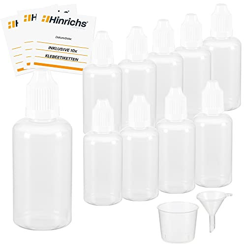 Hinrichs 10 x 50ml Plastic Squeeze Bottle - Small Squeeze Bottles - For Clean Dosing, Storage and Traveling - Screw Cap with Child Safety Lock - Squeeze Bottle Small - Drip Bottle