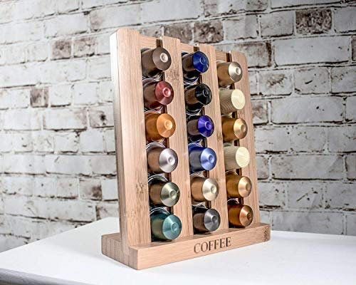 HomeZone - Supporto per cialde di caffè in bambù, compatibile con le famose marche di caffè, può contenere 18 capsule, accessori per stazione caffè espresso, unità di visualizzazione scorrevole