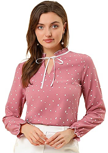 Allegra K Blusa con Cuello con Volantes y Lazo para Mujer, Blusa de Manga Larga con Campana Vintage Corazones Rosados M