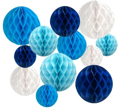 Aiminjey Paper 12Pcs White, Sky Blue, Dark Blue, Royal Blue Honeycomb Balls (6inch, 8inch, 10inch) Decorative Tissue Pom Poms for Multiple Occasions