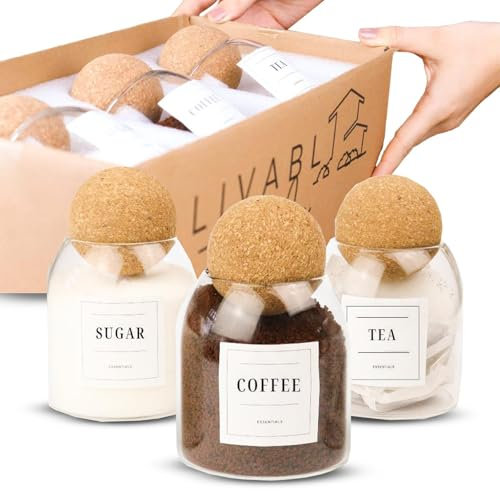 Livabl Tea Coffee and Sugar Canisters Set - Set of 3 Unique Cork Ball 500ml Glass Jars - Perfect Sugar Tea Coffee Set Organiser