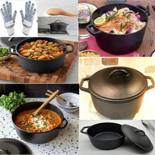VG® Pre Seasoned Cast Iron Dutch Oven 4.7 Litre / 5 Quart | Casserole Dish with Lid | Cooking Pot | Double Loop Handles | Oven Proof & All Hobs | Perfect for Bread Making |Camping | with Oven Gloves