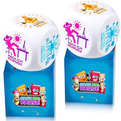 MACH MAL PAUSE® Set di 2 dadi antistress – I cubi colorati con 6 divertenti azioni per alleviare lo stress sono il regalo per colleghi, studenti, amici, giocattoli da ufficio per dipendenti