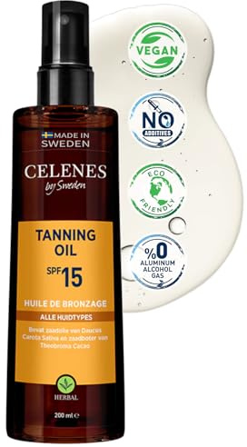 Celenes by Sweden Kräuter-Bräunungsöl SPF 15 - Für alle Hauttypen, Natürliche Bräune, Feuchtigkeitsspendend mit Kakao, Karotin & Vitamin E, 200 ml - Parabenfrei & Alkoholfrei