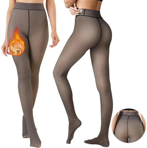 Joligiao Collant Donna Invernali Termico Pantaloni Caldi Termici Leggings Collant Foderati in Pile Leggings a Vita Alta Traslucido Collants con Effetto Dimagrante,Nero Trasparente - Pelle Pile,S-M