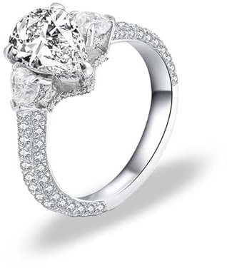 Wycian Fingerring Damen, Trauringe Weißgold Damen 18K Größe 60 (19.1) 1 Moissanit 1Ct Tropfenschliff Weiß Gravur Für Hochzeit