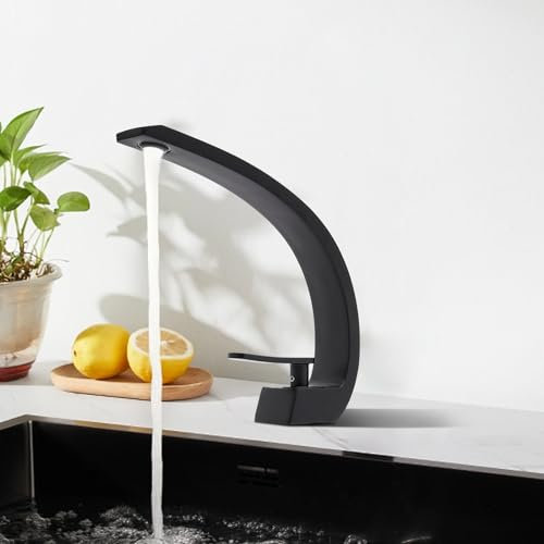 Wasserhahn Bad Waschtischarmatur mit Zugstange Einhebelmischer Wasserhahn Bad mit Auslauf Höhe 19.5 cm Messing Waschbecken Armatur Kaltes und Warmes Wasser für Gäste WC, Badezimmer Chrom Schwarz