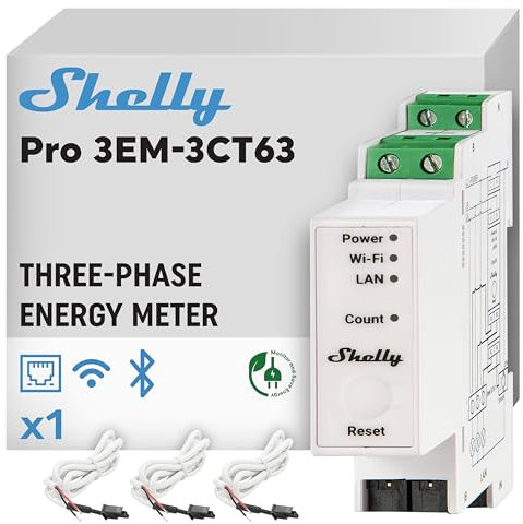 Shelly Pro 3EM-3CT63 - Compteur électrique Monophasé/Triphasé, 4 Fils, Montage sur rail DIN, Compteur Système photovoltaïque, Pince ampèremétrique incluse, Impulsion optique, Contrôle par App