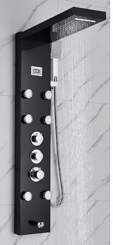 GMWARDDF Ensembles de Douche pour Salle de Bain Panneau de Douche thermostatique Noir Colonne de Douche à Effet Pluie Cascade Massage Spa Système de Tour de Douche de Bain Robinet de Douche